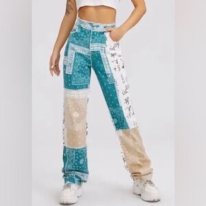 Patchwork women’s Jeans distressed teal white beige